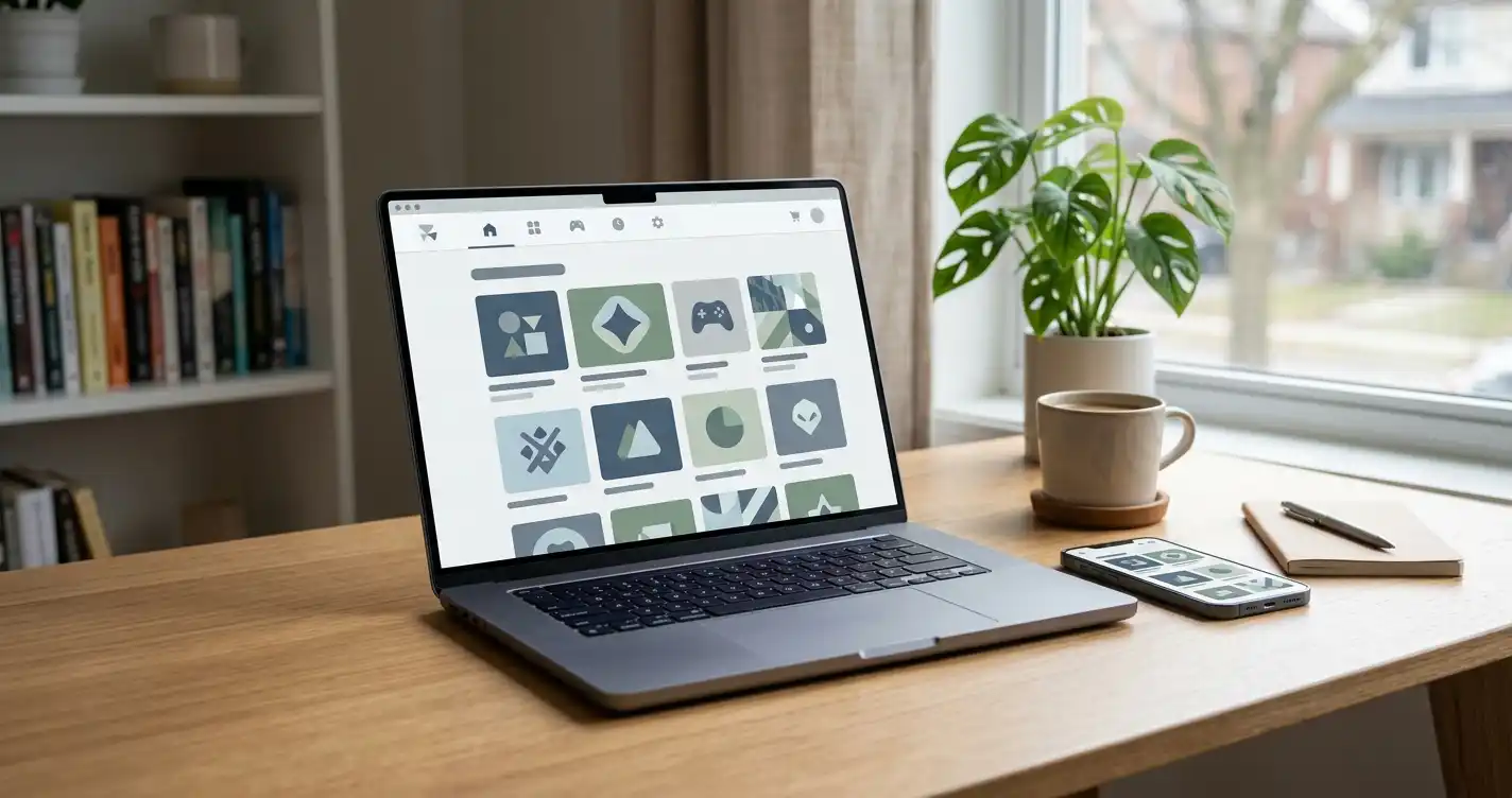 Laptop and phone displaying abstract casino game tiles in a calm home setting