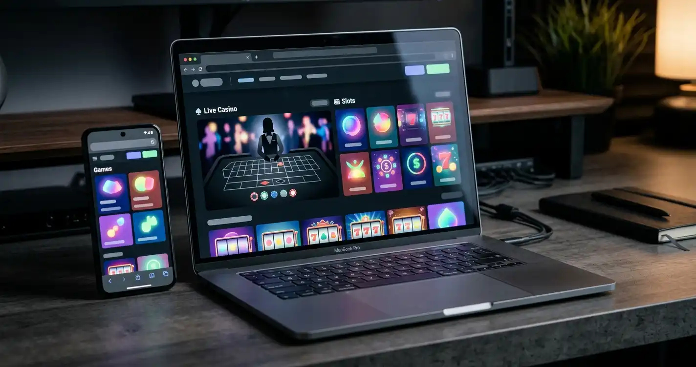 Desktop and mobile screens showing abstract live table and slot layouts