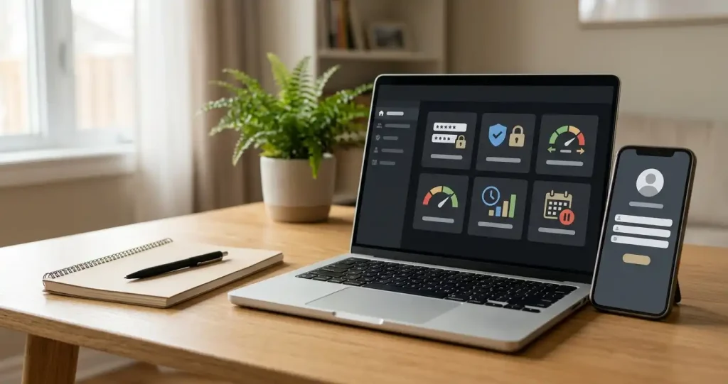 Laptop and phone showing abstract non-branded account security and limit settings beside a notebook in a quiet home setting