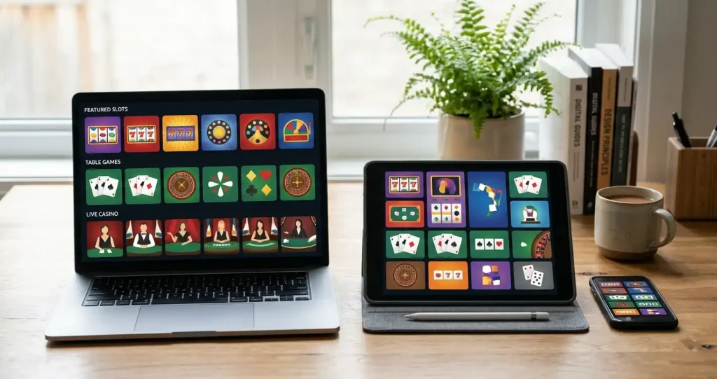 Laptop, tablet and phone displaying abstract non-branded casino game-library tiles in a home setting