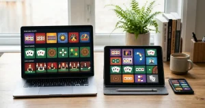 Laptop, tablet and phone displaying abstract non-branded casino game-library tiles in a home setting