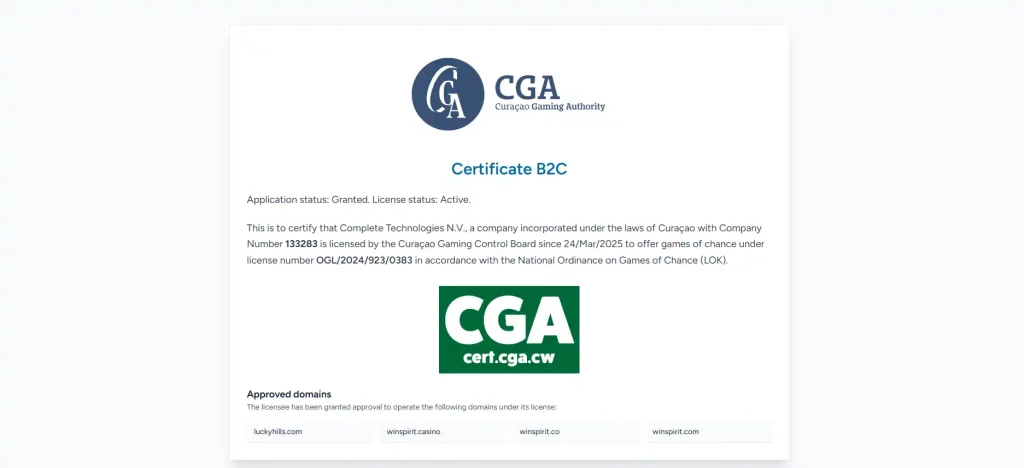 Curaçao Gaming Authority certificate page for Complete Technologies N.V. showing WinSpirit operator details