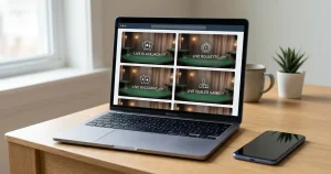 Laptop displaying several live dealer table previews in a modern studio-style casino interface