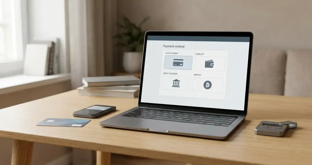 Laptop showing an abstract payment selector beside a bank card, digital wallet and cryptocurrency wallet in a Canadian-dollar context