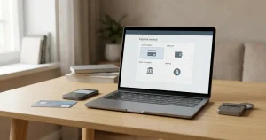 Laptop showing an abstract payment selector beside a bank card, digital wallet and cryptocurrency wallet in a Canadian-dollar context